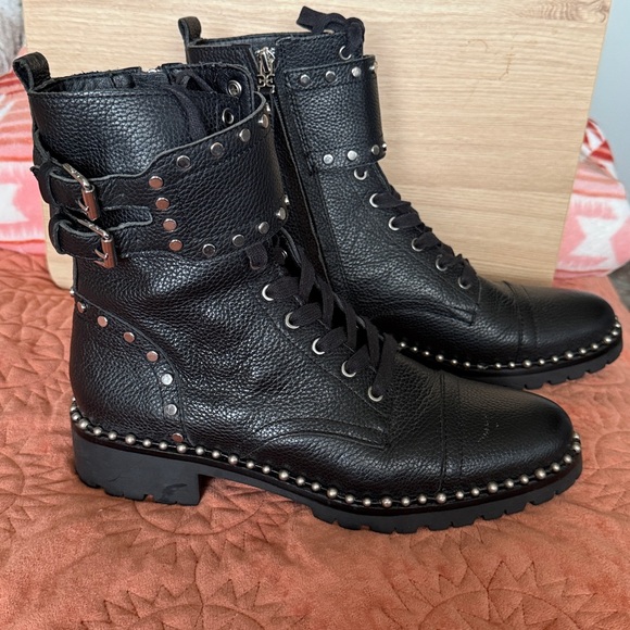 Sam Edelman Silver Studs Leather Black Zipper Combat Boots - Picture 3 of 12